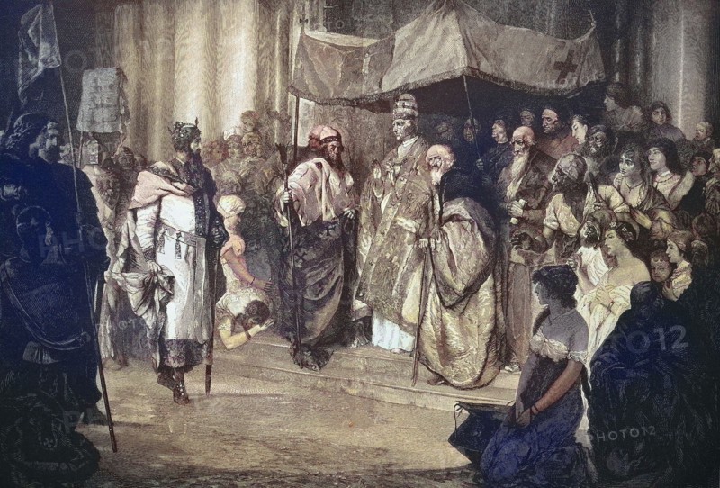 Treffen von Kaiser Friedrich Barbarossa und Papst Alexander III. am 24. Juni 1177. Friedrich