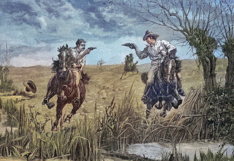 Amerikanische Cowboys duellieren sich mit Pistolen vom Pferd aus