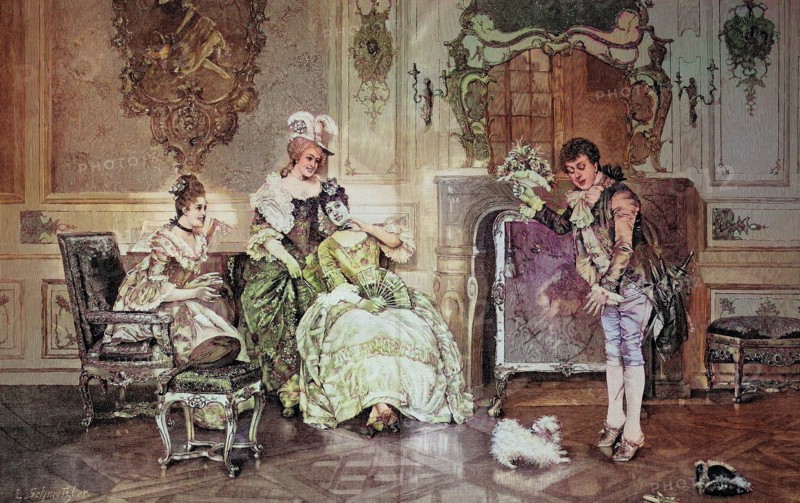 A timid suitor stands with a bouquet of flowers in front of his beloved