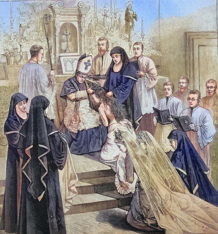 Dressing and cutting the hair of the new nuns in the order of Benedictine nuns