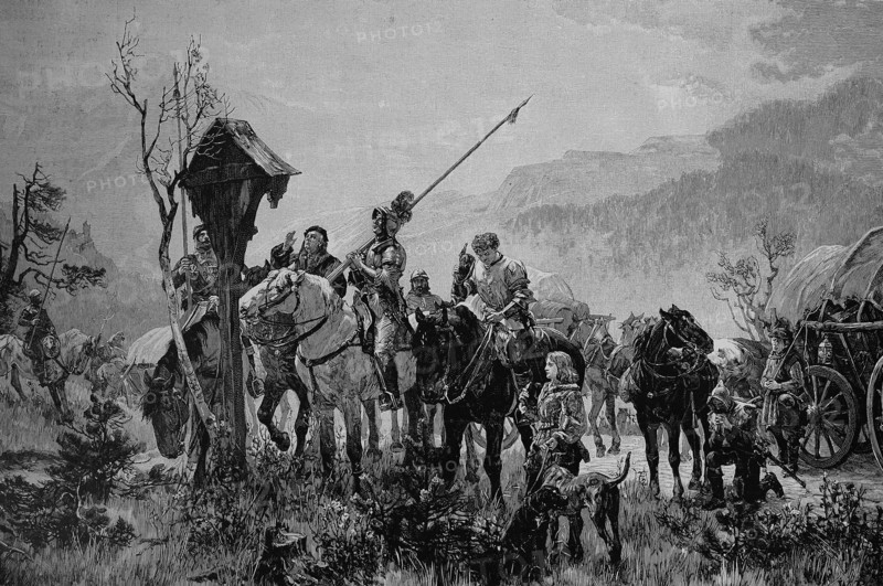 Encounter On An Old Trading Street In The Alps In The Middle Ages