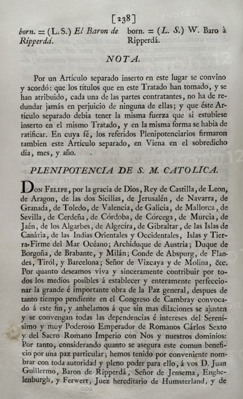 Peace treaty between the King of Spain Philip V and the Holy Roman Emperor Charles VI.