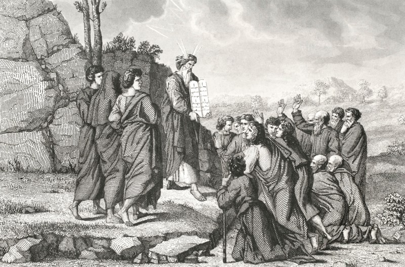 Moses when descending from Mount Sinai with the Tablets of the Law.