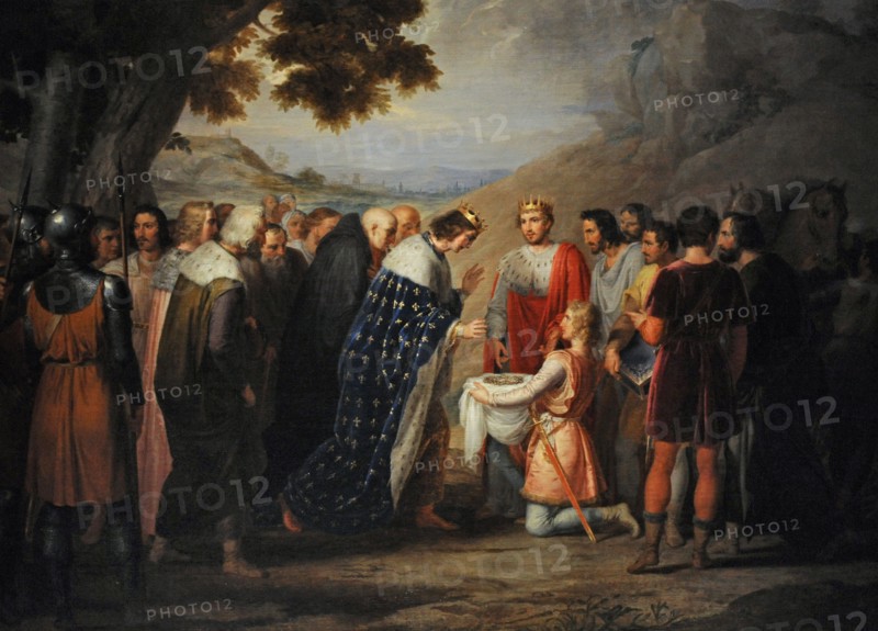 Saint Louis of France receives the crown of thorns from Baldwin II.