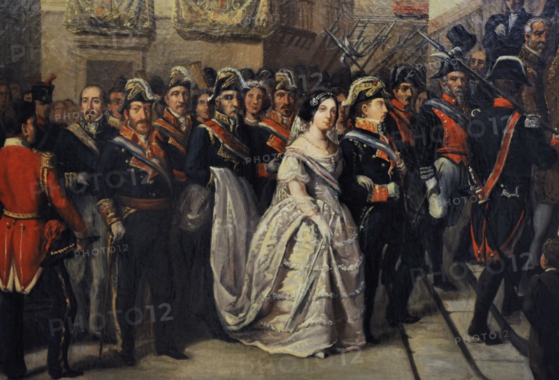 Queen Isabella II and her husband visiting the Maundy Thursday Monument at the Church of Santa Maria.