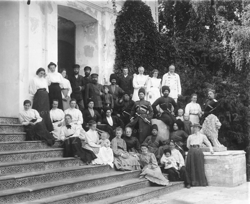 Countess PS Uvarova with family members and guests in the courtyard of the Krasnaya Gorka estate circa 1899