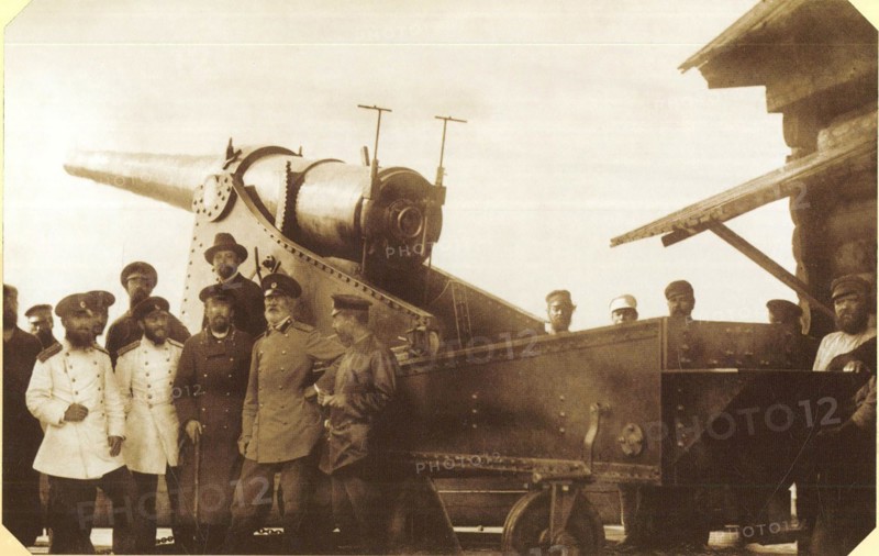 Mining chief of the Perm Cannon Plants Nikolai Gavrilovich Slavyanov in a group of plant engineers and artillery acceptance officers at the factory range