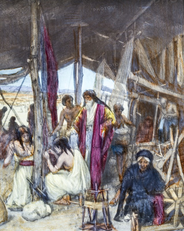 Moses Inspecting The Weaving And Embroidering Of The Hangings Of The Tabernacle Exodus 39 :42-43.