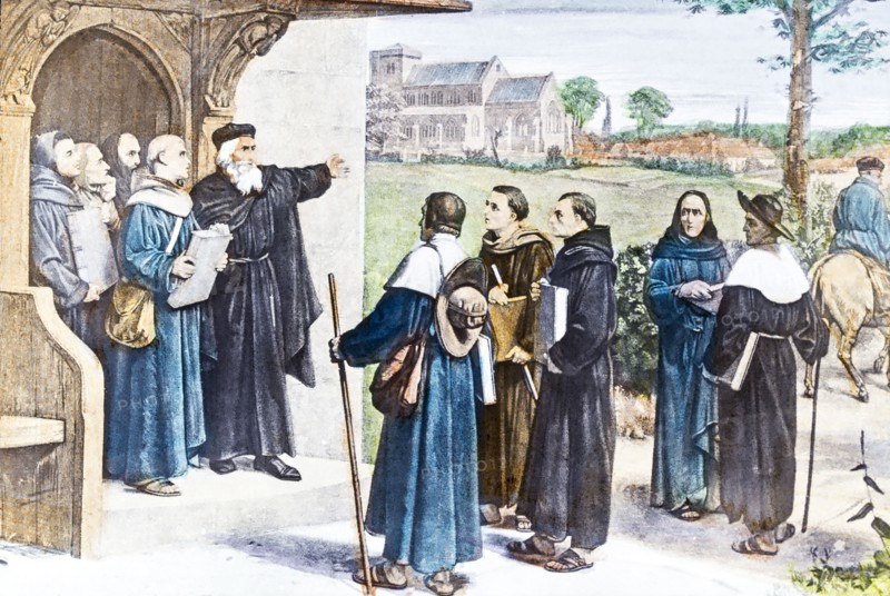 Wycliffe Sending Forth Preachers Carrying Bibles On Path Outside Church.