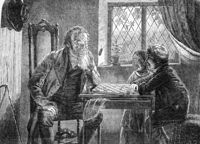 An Old Man Playing Chess Against Two Children In Their Home.