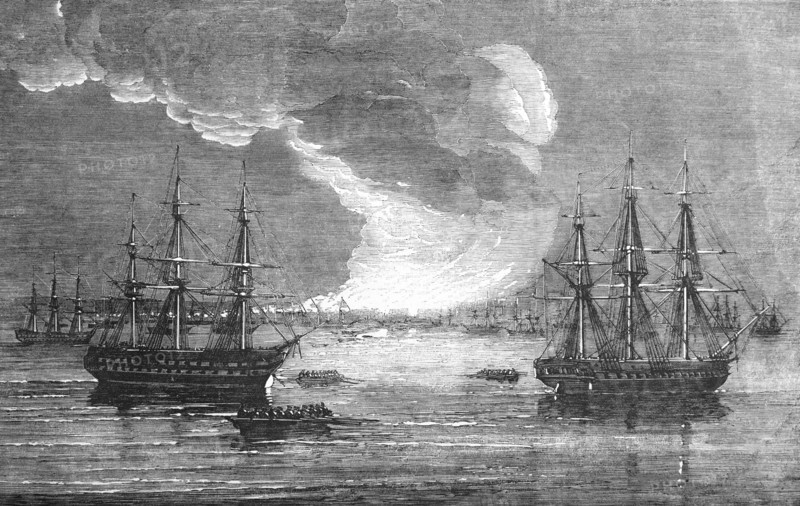 Bulgaria Varna Burning With French Line Of Battle Ship Baynard And Hms Leander Looking On.