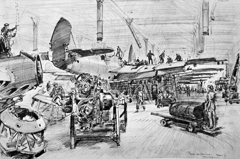 Beaufighter assembly line with plane on left waiting for engines to be fitted.