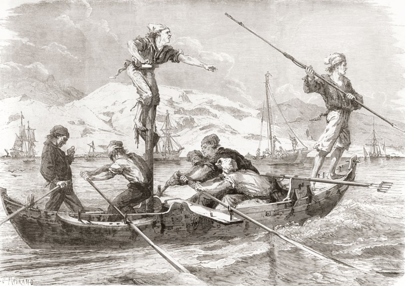 Fishermen using harpoons to catch swordfish on the coast of Sicily in the 19th century.