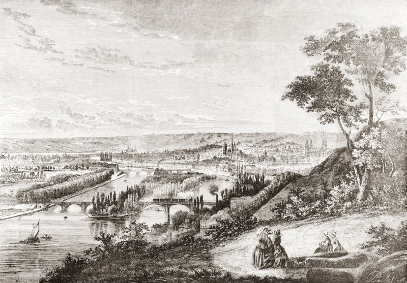 A view of Rouen, France in the 19th century.
