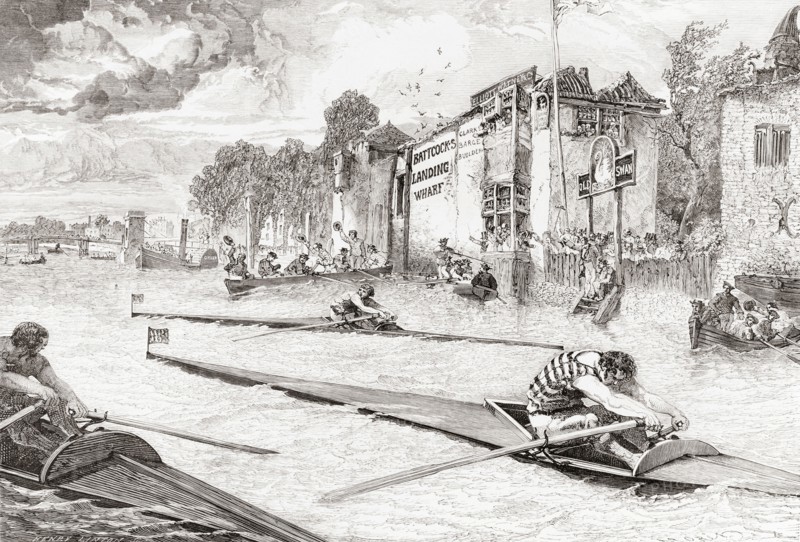 Canoe racing on the River Thames, England in the 19th century.