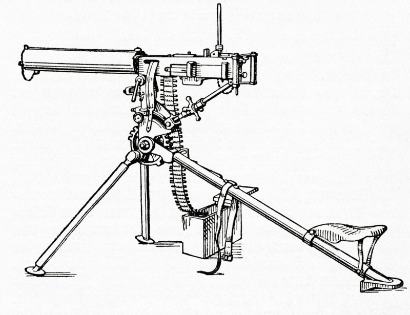 A machine gun mounted on a tripod, used during WWI.