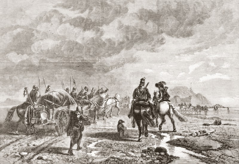 French military convoy taking advantage of low tide to go from jersey to Fort Elizabeth prior to the Battle of Jersey in 1781 during the Anglo-French War.