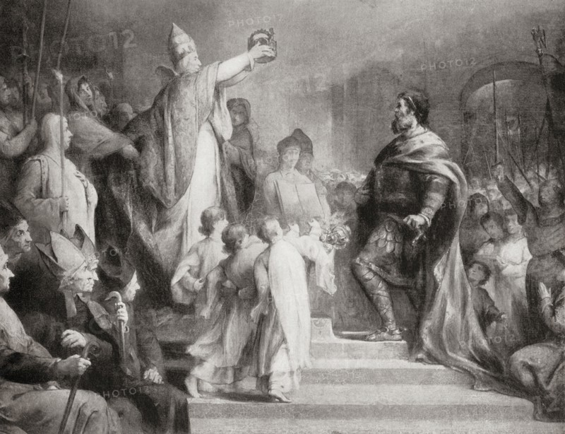 The coronation of Charlemagne as Roman Emperor in 800 by Pope Leo III on Christmas Day.