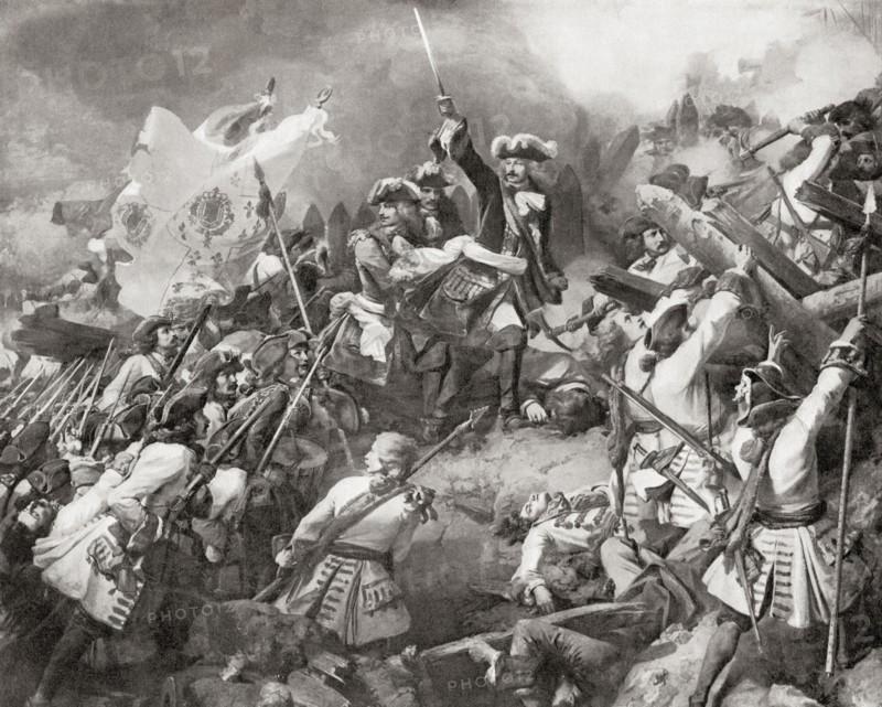 Marshal Villars leads the French charge at the Battle of Denain.