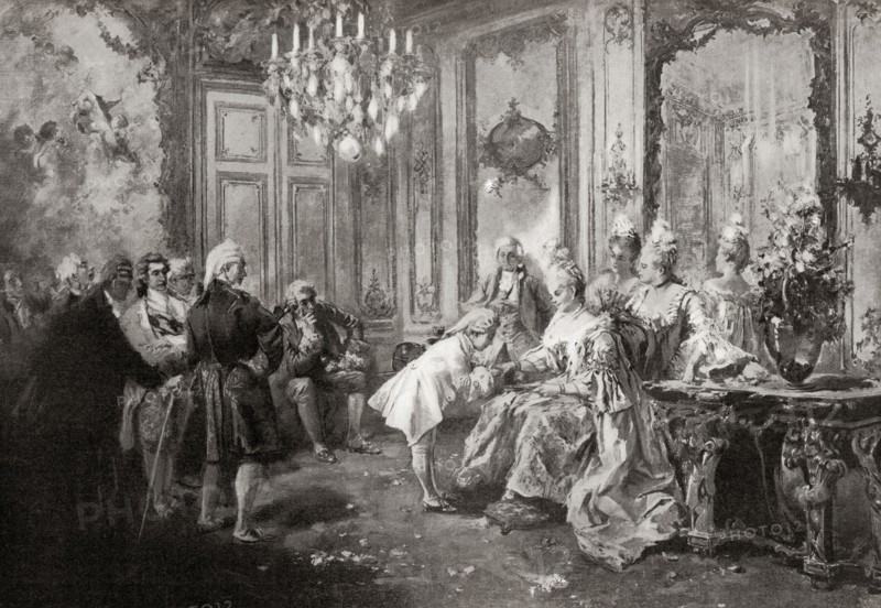 Mozart, seen here as a child, received by Madame Pompadou in 1764.