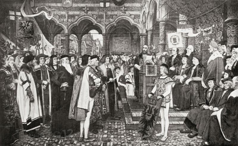 The inaugural ceremony of the Antwerp Exchange, Belgium in 1532.