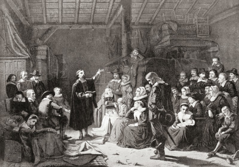 The first meeting of the Pilgrim Fathers.