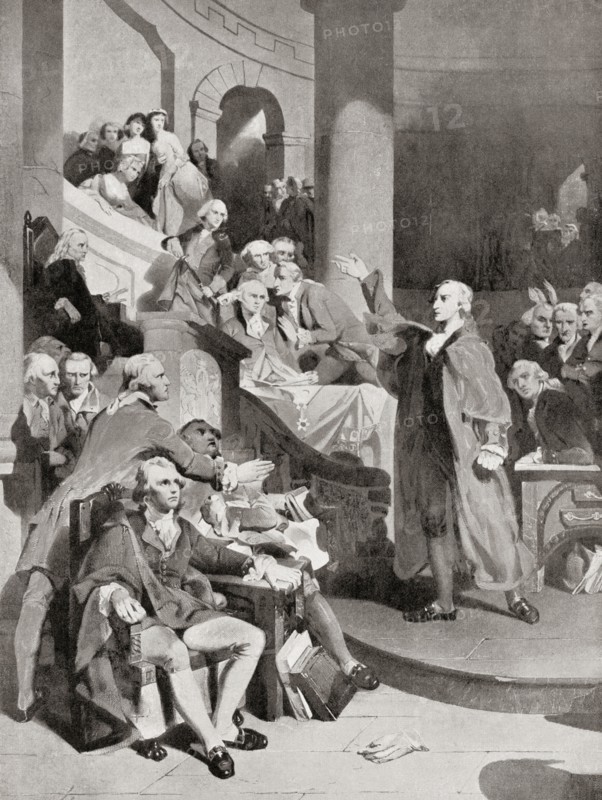 Patrick Henry's "Treason" speech before the House of Burgesses in 1765.