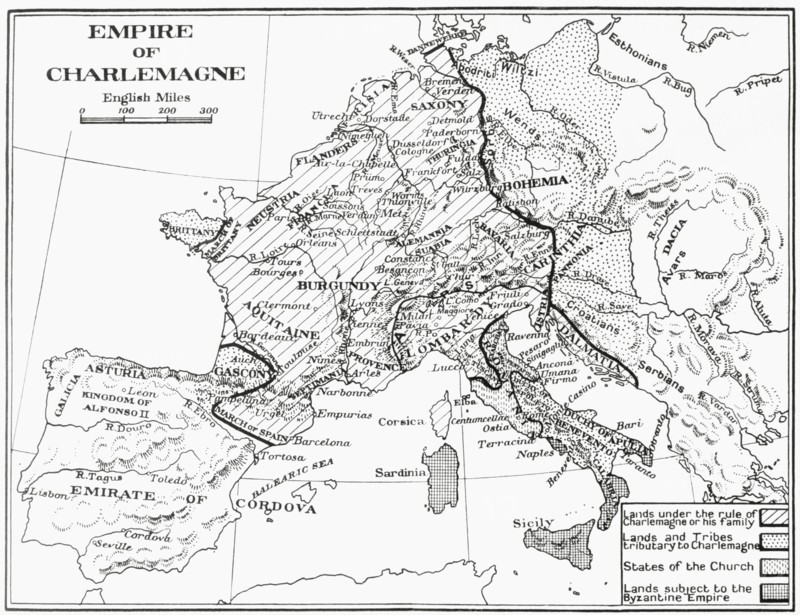 Map of France showing the Empire of Charlemagne.