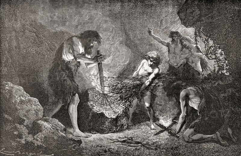Stone age man discovers fire.