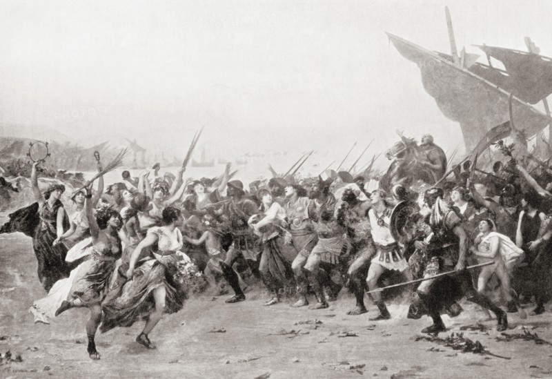 The Athenians rejoicing their victory after the naval Battle of Salamis.