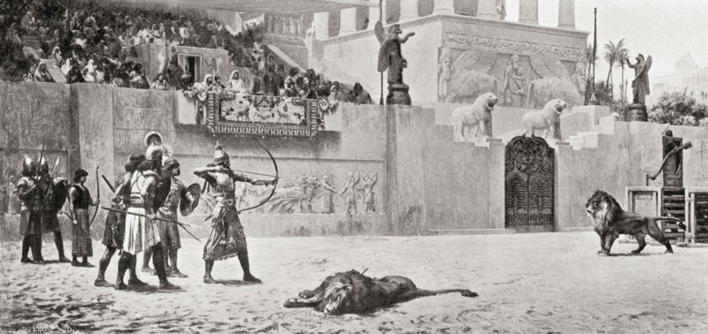 An Assyrian king practices the killing of lions.