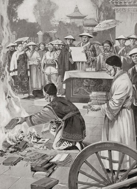 The burning of texts in 213 BC by the First Emperor of the Qin dynasty of ancient China, Qin Shi Huang.