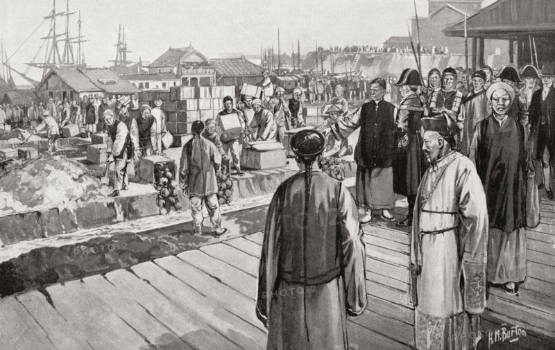 Commissioner Lin with an imperial commission from the Daoguang Emperor to halt the illegal importation of opium by the British, destroying thousands of chests of opium in 1839.