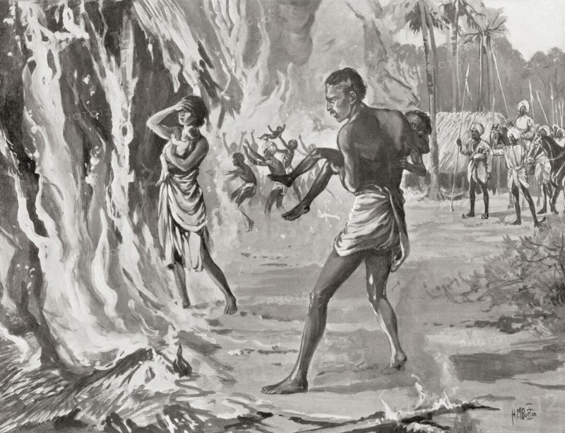 Villagers in India sacrificing themselves on the fire to avoid the cruel raiding Pindaris.