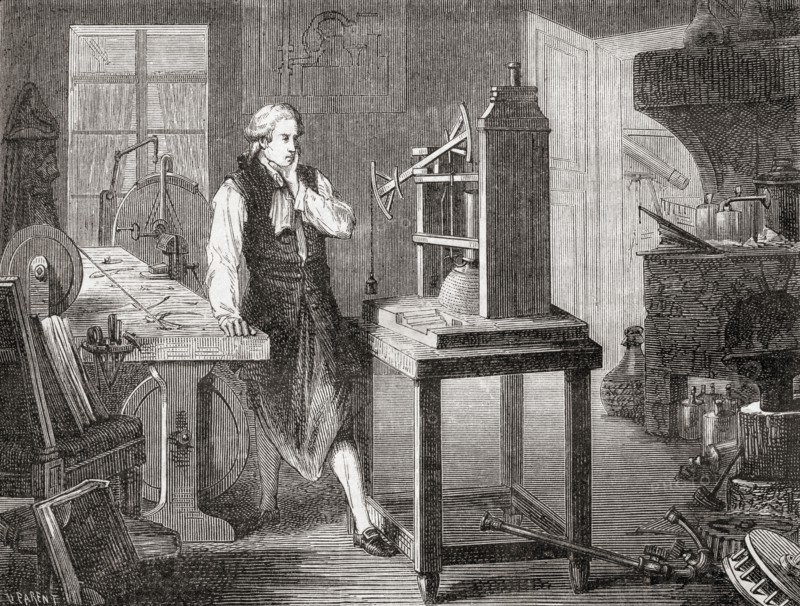 James Watt in his Glasgow workshop improving on Thomas Newcomen's 1712 Newcomen steam engine with his Watt steam engine in 1781.
