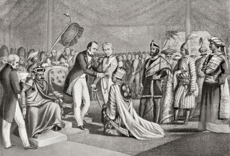 The Rajas of Rewa, Benares and Chikari being decorated for their loyalty to the English during the Indian Mutiny by Lord Canning at Cawnpore in 1859.