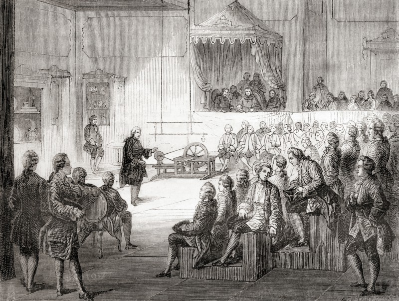 Nollet conducting a physics course at the college of Navarre in 1754.