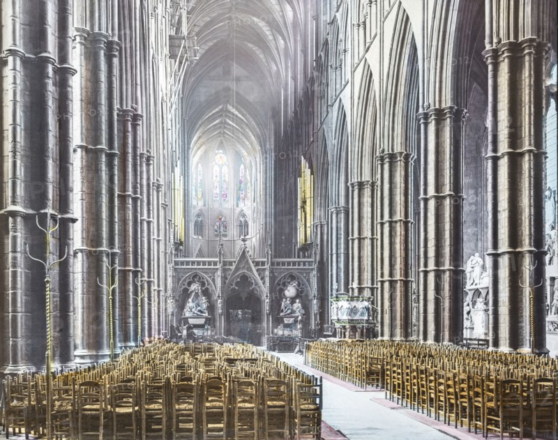 A beautifully hand coloured slide of the Nave at Westminster Abbey.