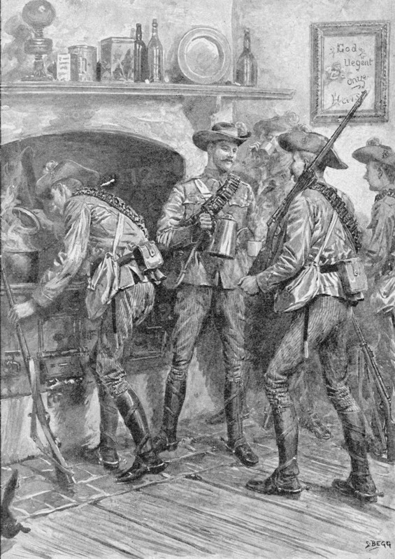 Colonial troops surprising the Boers at the Lubbes Hoop farm.