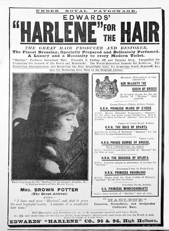 Mrs Brown Potter advertisement promoting the use of hair tonic and restorer.