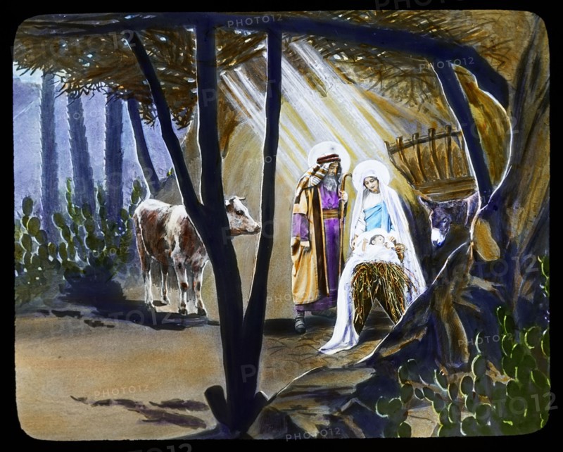 Mary, Joseph and baby Jesus in the stable.