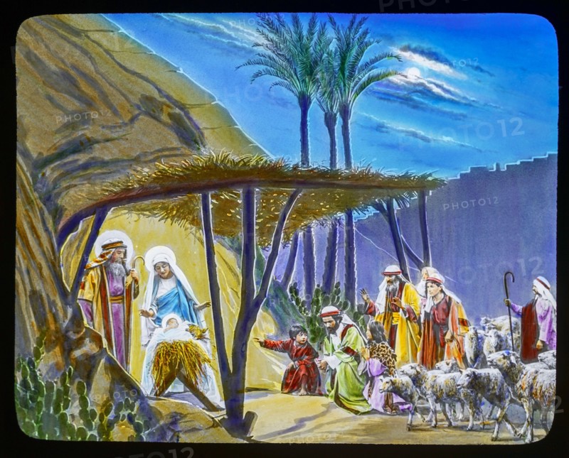 The shepherds visit Jesus in the stable with mary and joseph.