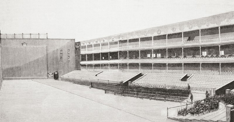 Interior of the Fiesta Alegre Fronton court and stands.