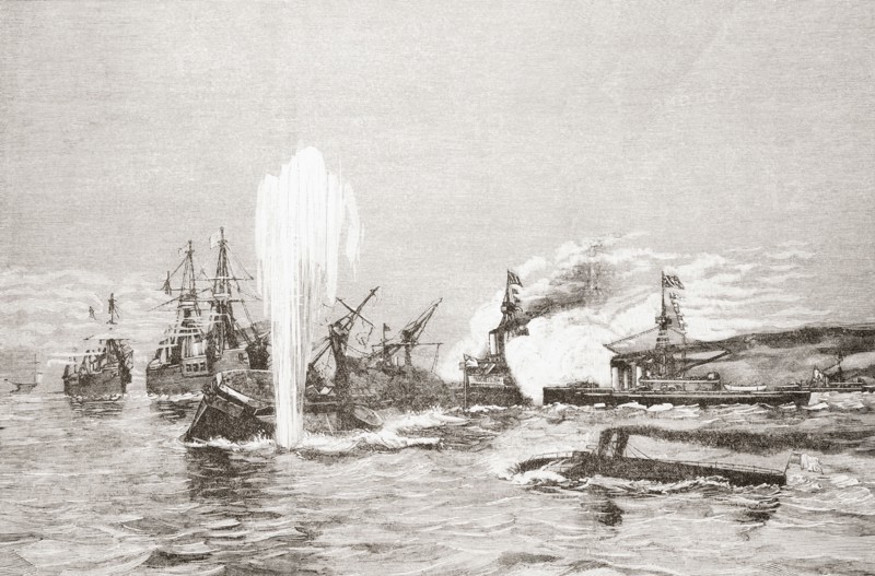 Sea battle between battleships and torpedo boats.