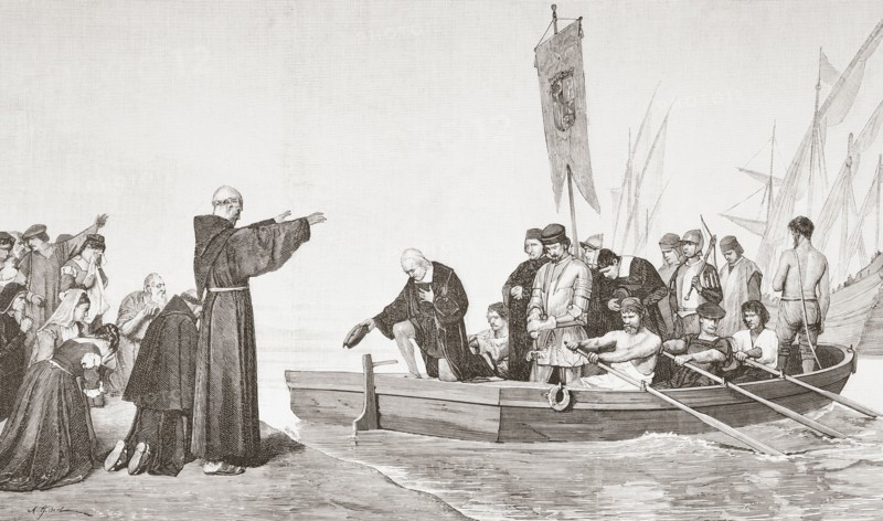 A priest blesses Christopher Columbus and his crew before their departure on the first voyage to discover America.
