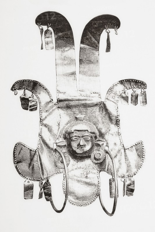 The head of a warrior with gold ornamentation worked by the Quimbaya civilization.