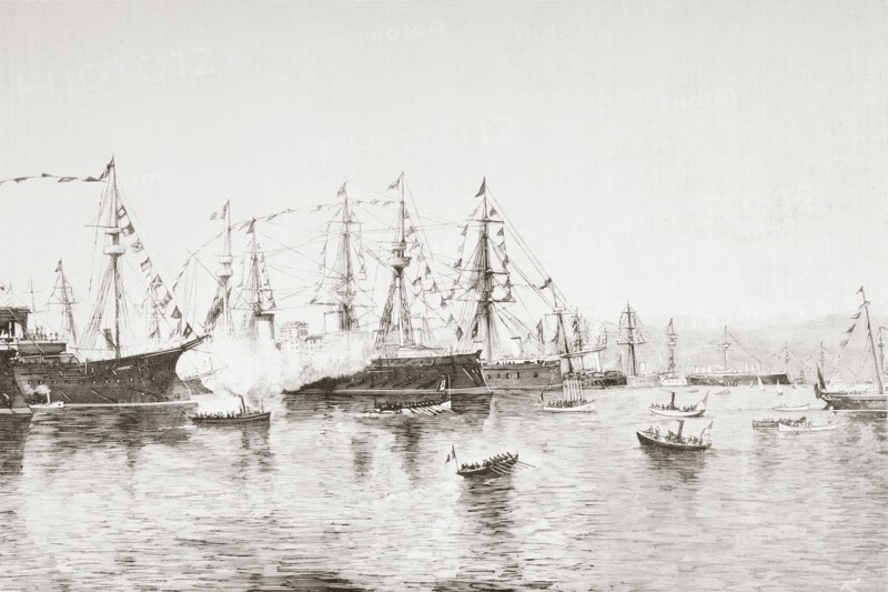 The visit of king Umbert I to the Spanish warship Pelayo during the The Columbian Festivals in Genoa.