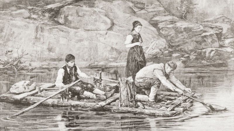A family trout fishing in Sweden using a wooden raft.