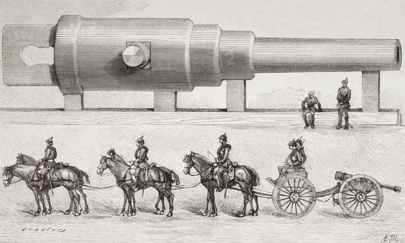 A 52 foot Krupp cannon shown in comparison with a German field piece.