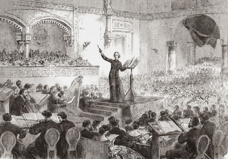 Franz Liszt conducting the performance of his new oratorio.